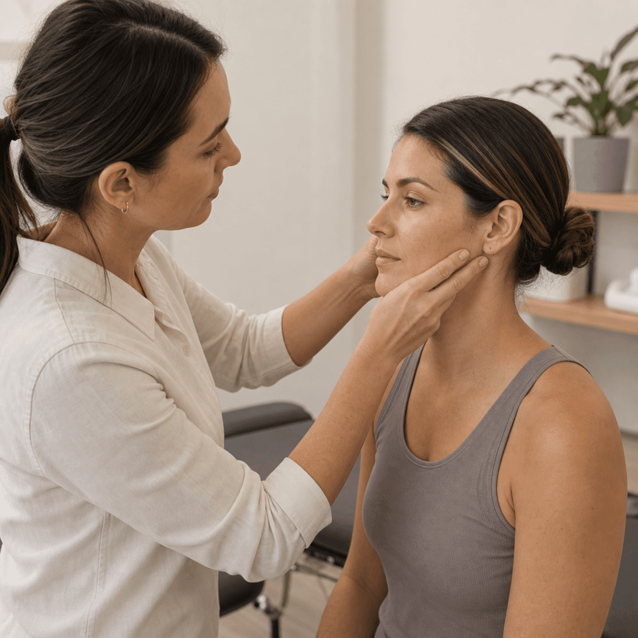 Chiropractor assessing jaw and TMJ area