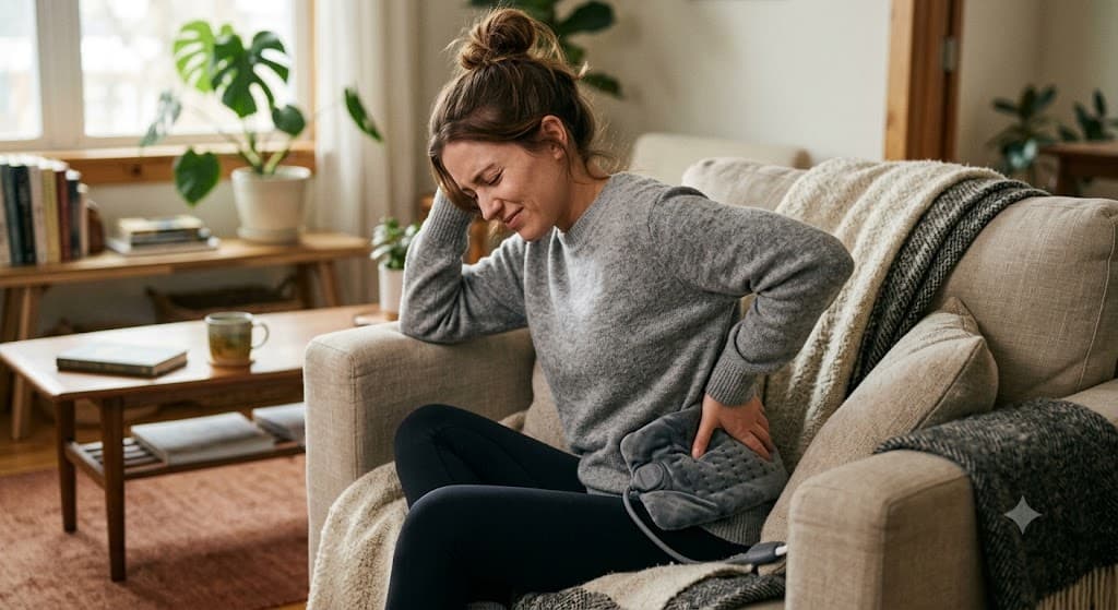 Woman experiencing lower back pain at home