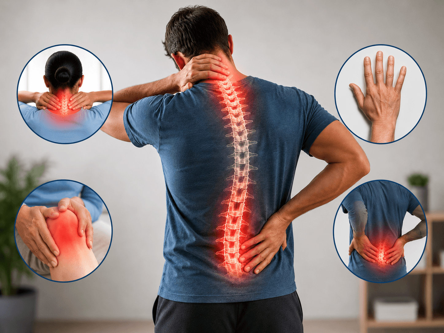 Areas of common pain and stiffness including neck, back, knee, and hand