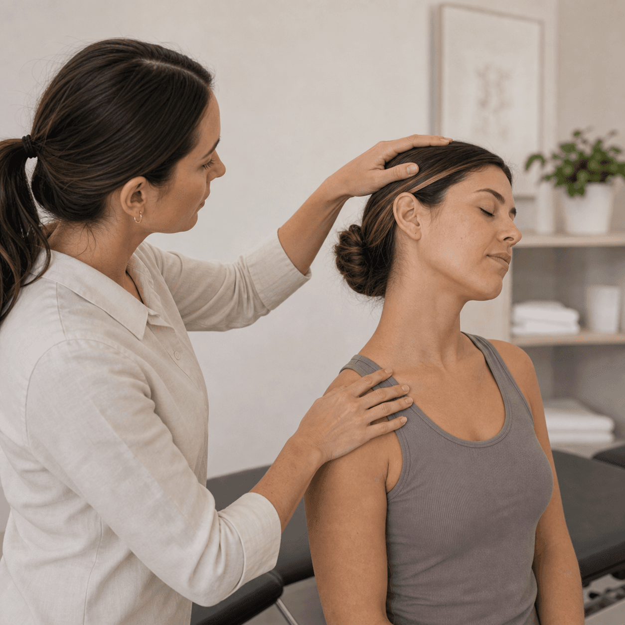 A patient receiving a guided neck and shoulder assessment.
